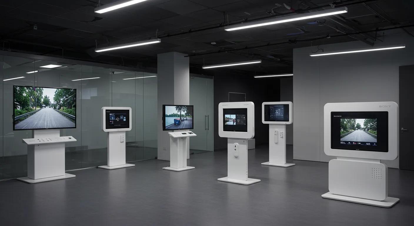 a sleek, modern office environment showcases various cutting-edge outdoor video security systems displayed prominently on elegant stands, highlighting their high-definition screens and advanced features under bright, focused lighting.