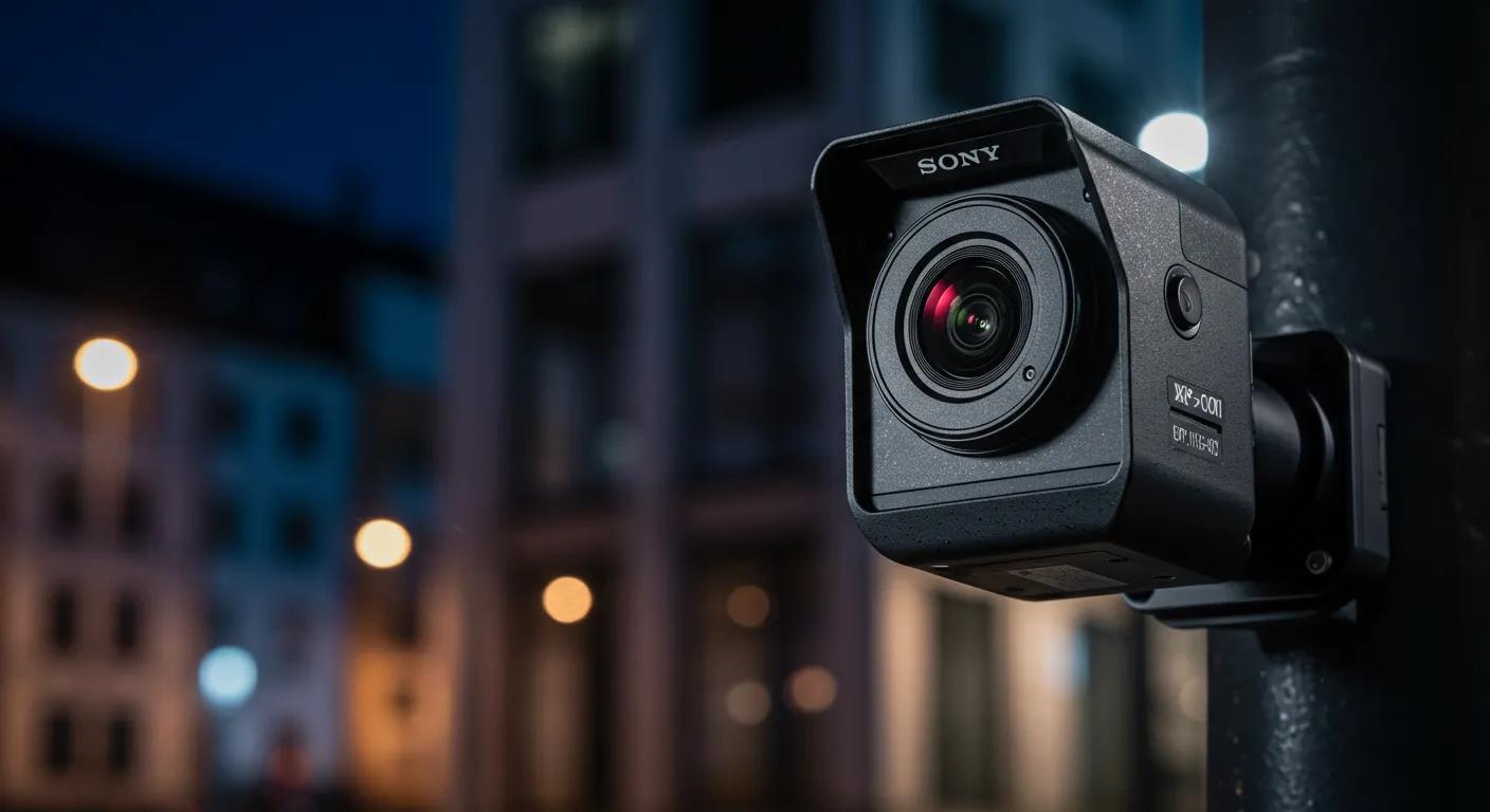 a sleek, modern outdoor video security camera is prominently displayed against the backdrop of a stylish urban environment, showcasing its high-definition lens and robust, weather-resistant casing under ambient artificial lighting.