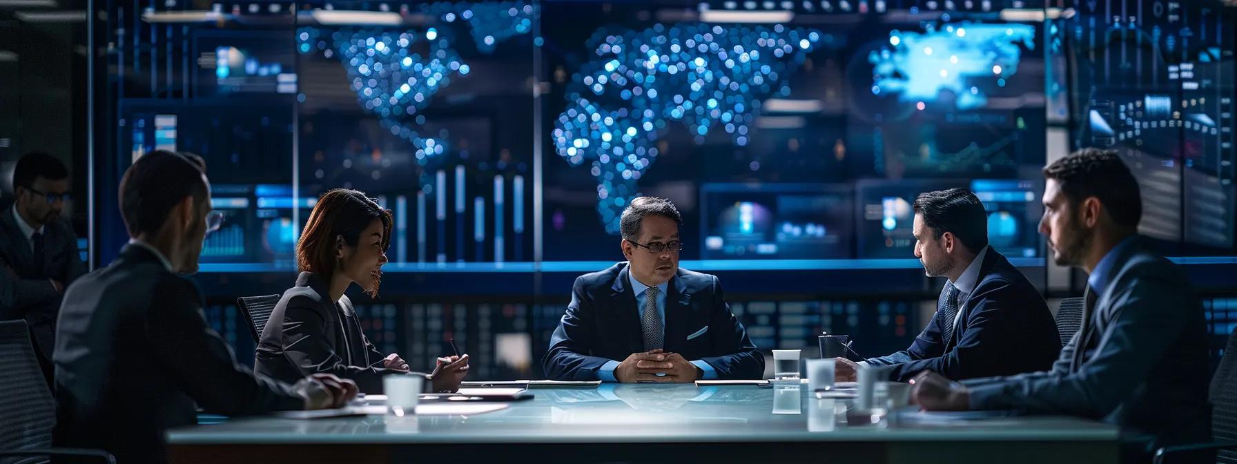 a focused business meeting in a modern conference room, where leaders engage in a dynamic discussion around a digital dashboard showcasing real-time threat detection metrics, illuminated by sleek overhead lighting that highlights their intense expressions and the high-tech environment.