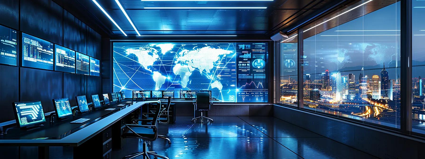 a futuristic, high-tech command center glows with dynamic digital displays showcasing real-time threat detection analytics, emphasizing advanced ai algorithms and automated security systems in a sleek, modern office environment.
