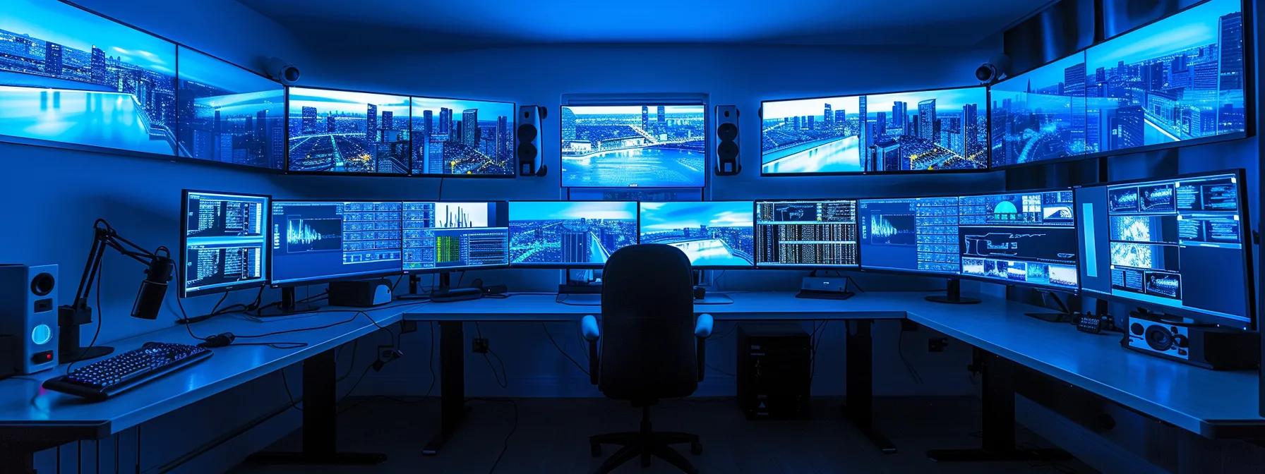 a sleek, high-tech security command center illuminated by cool blue lights shows monitors displaying real-time surveillance footage, emphasizing the importance of 24/7 managed security monitoring services in a modern urban environment.