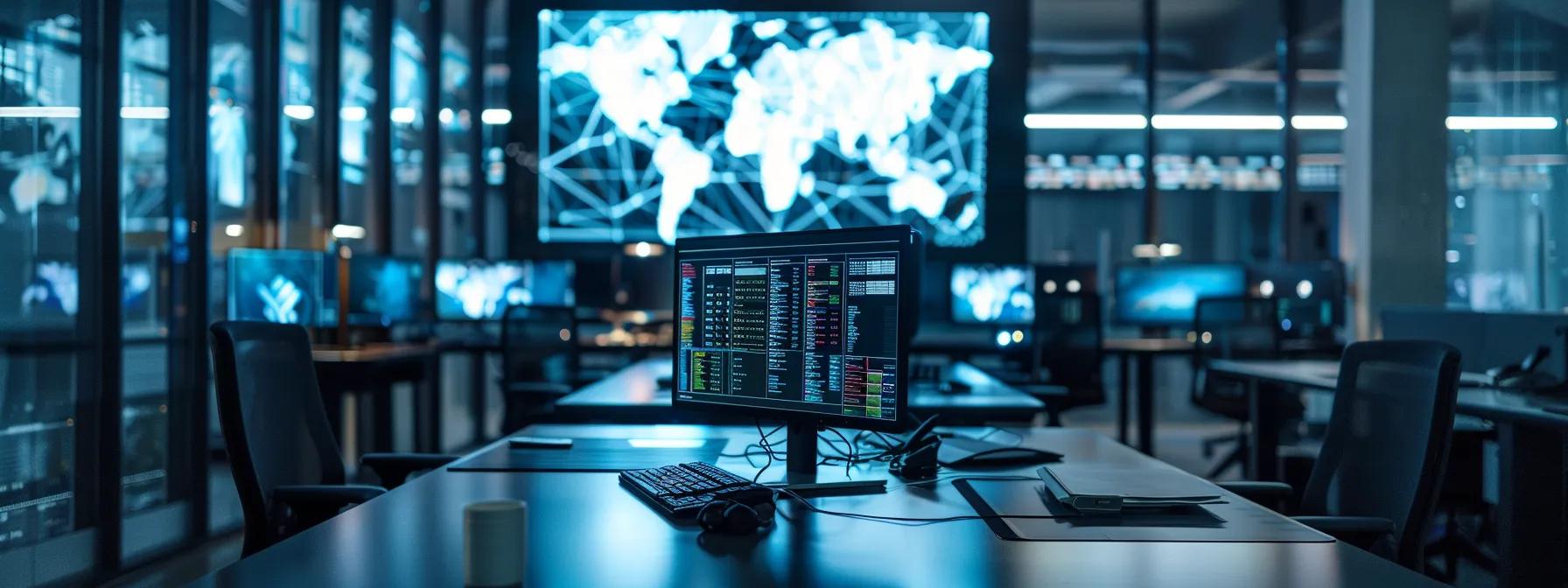 a sleek, high-tech office environment features multiple screens displaying real-time security data and alerts, highlighting the vital role of continuous monitoring in safeguarding businesses against cyber threats.