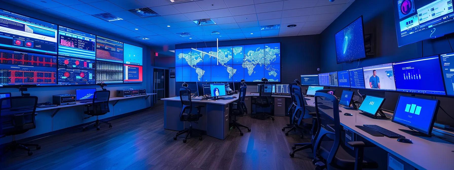 a sleek, modern cybersecurity command center features multiple high-tech screens displaying detailed vulnerability scanning data and threat intelligence analytics, illuminated by cool blue and white led lights, creating a sense of urgency and focus in the atmosphere.