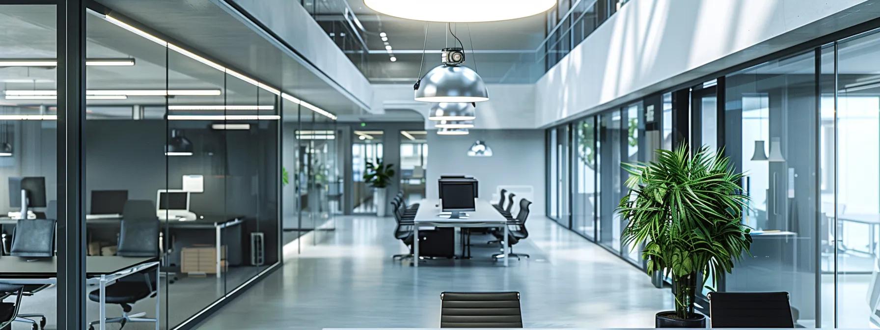 a sleek, modern office environment features a high-tech wireless surveillance camera prominently mounted on the wall, capturing the bustling workspace below with sharp clarity and professional lighting, emphasizing security and innovation.