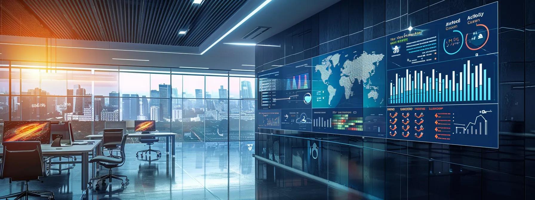 a sleek, modern office environment features a large digital display showcasing real-time cybersecurity dashboards, illuminated by vibrant graphs and alert notifications, emphasizing advanced threat detection solutions in action.