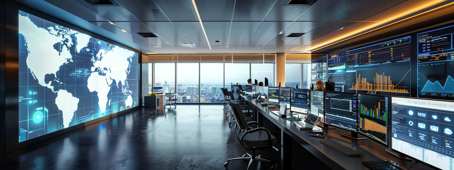a sleek, modern office space with multiple digital screens displaying real-time security metrics and data analytics, illuminated by a soft ambient glow, encapsulating the essence of 24/7 managed security monitoring and operational efficiency.