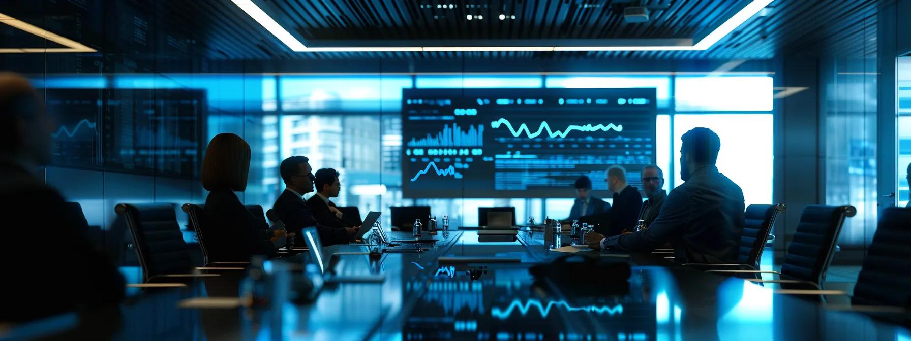 a sleek, modern office conference room with a large digital screen displaying security data analytics, while concerned business professionals discuss the reliability and data security of wireless surveillance technology.