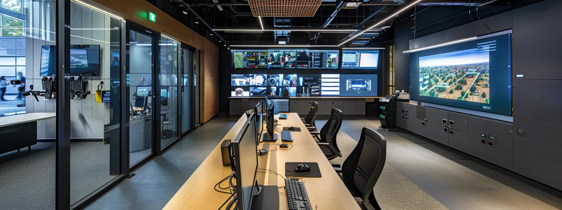 a sleek, modern office space adorned with strategically placed wireless surveillance cameras, showcasing a high-tech security workstation displaying live footage and advanced analytics on large screens, illuminated by bright, focused led lighting.