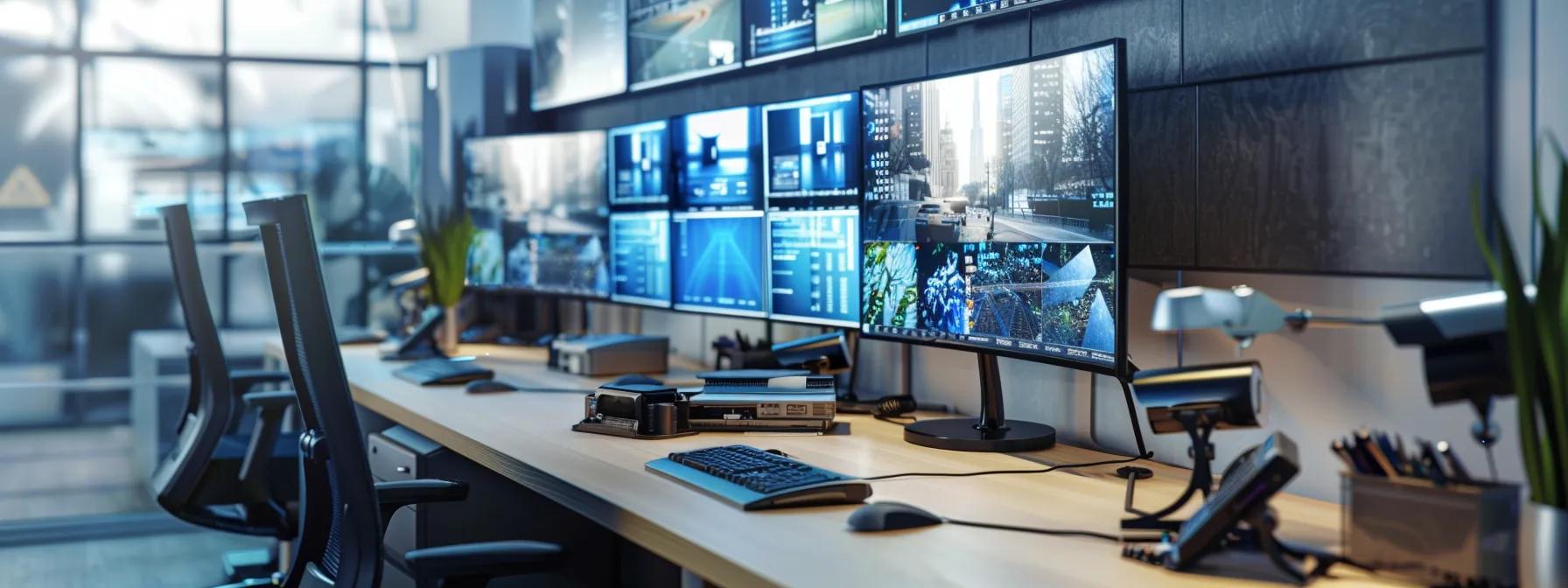 an organized, modern office workspace featuring a sleek wireless surveillance camera prominently displayed on a polished desk, with multiple monitor screens showcasing crisp security footage in the background, emphasizing high-tech security features and advanced technology.